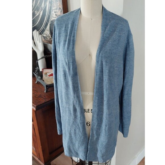 Eileen Fisher 100% Organic Linen High Collar Cardigan Steel Blue Size 1X EUC A+ - Picture 1 of 4